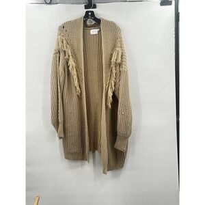 Lush Womens Tan Chunky Knit Fringe Open Front Cardigan Sweater Large LT16607-FCI